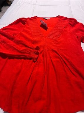 Nanette Lepore Bright Red V-Neck Pintuck Tunic